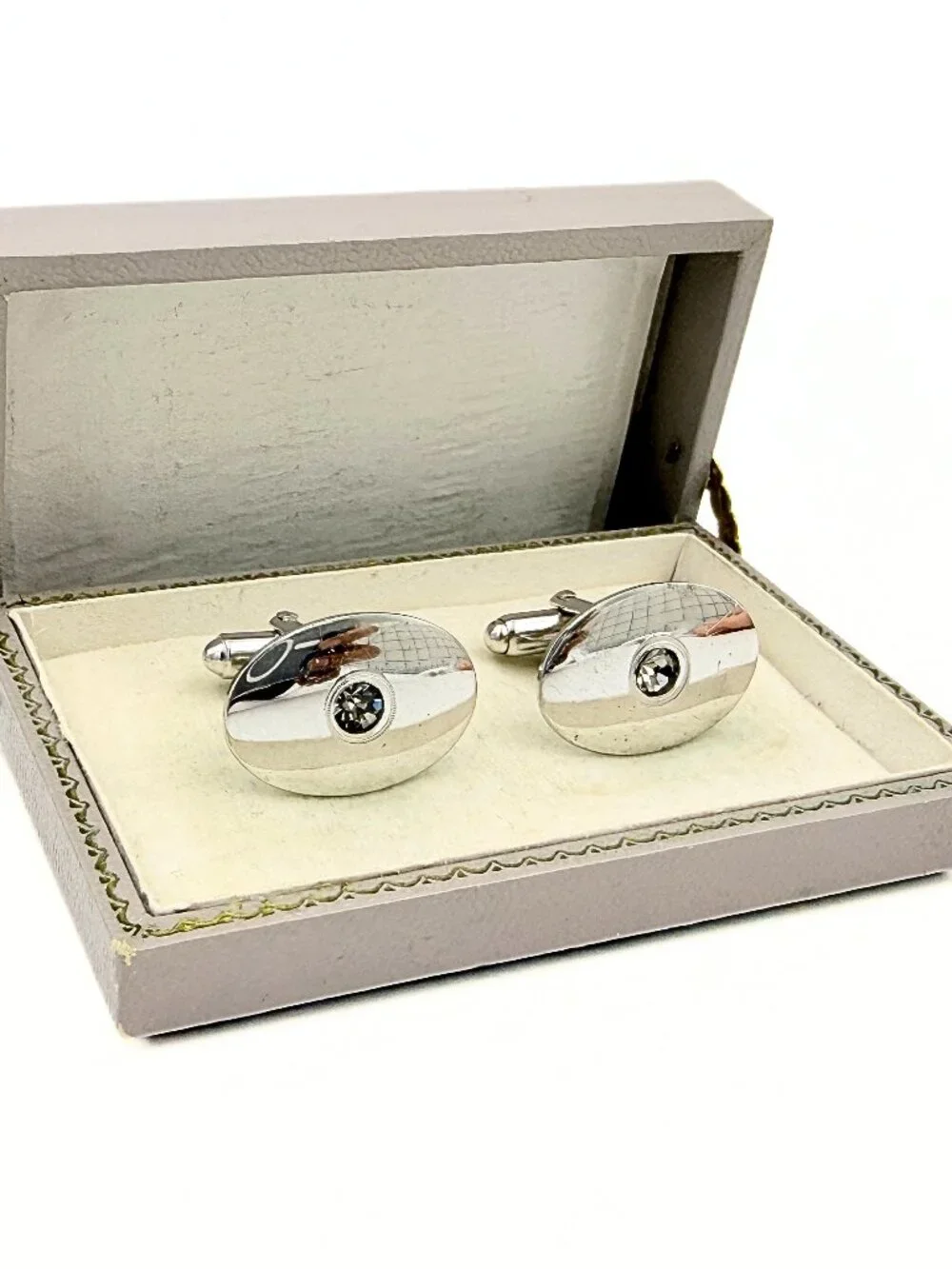 Anson Signed Art Deco Style MCM Silver Plated Rhinestones Minimalist Cufflinks